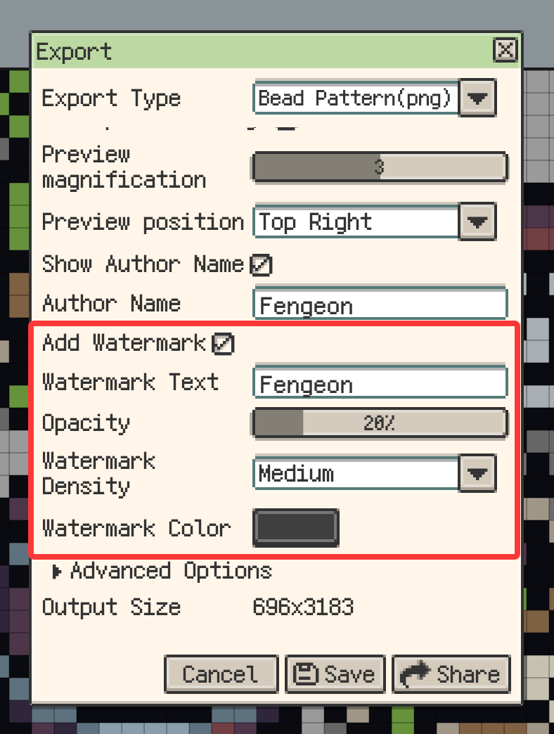 Custom watermark settings for Bead Pattern export