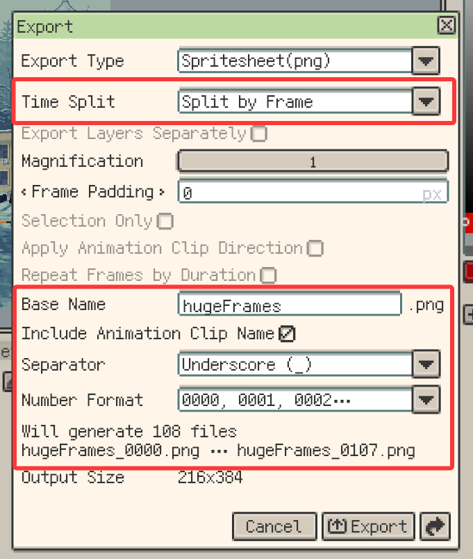 Split and naming options for Sprite Sheet export