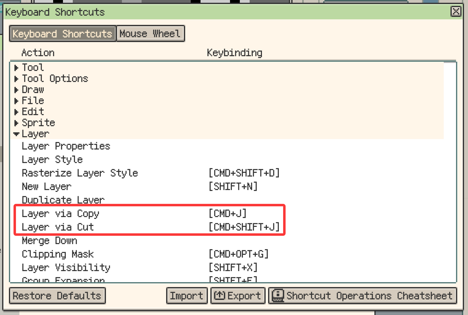 Layer via Copy and Layer via Cut shortcuts