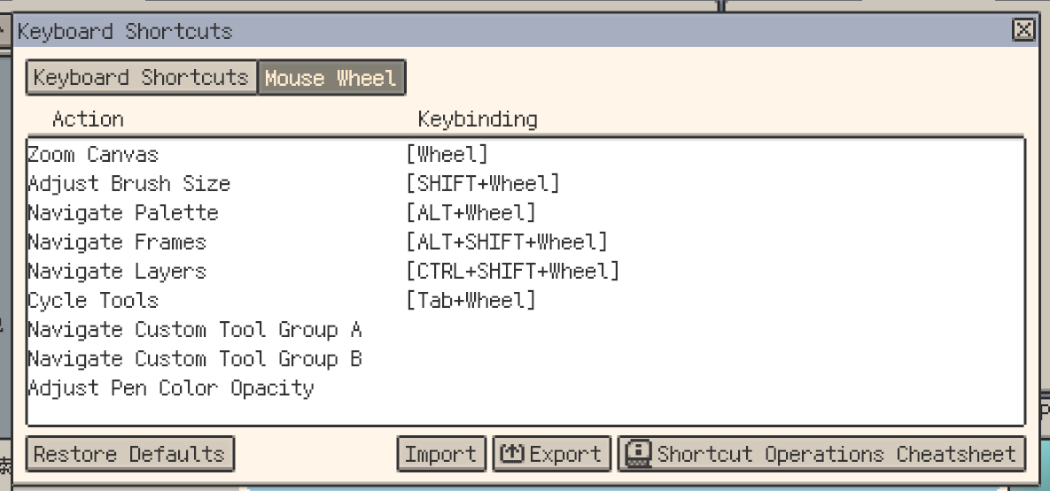 Custom key and wheel shortcuts