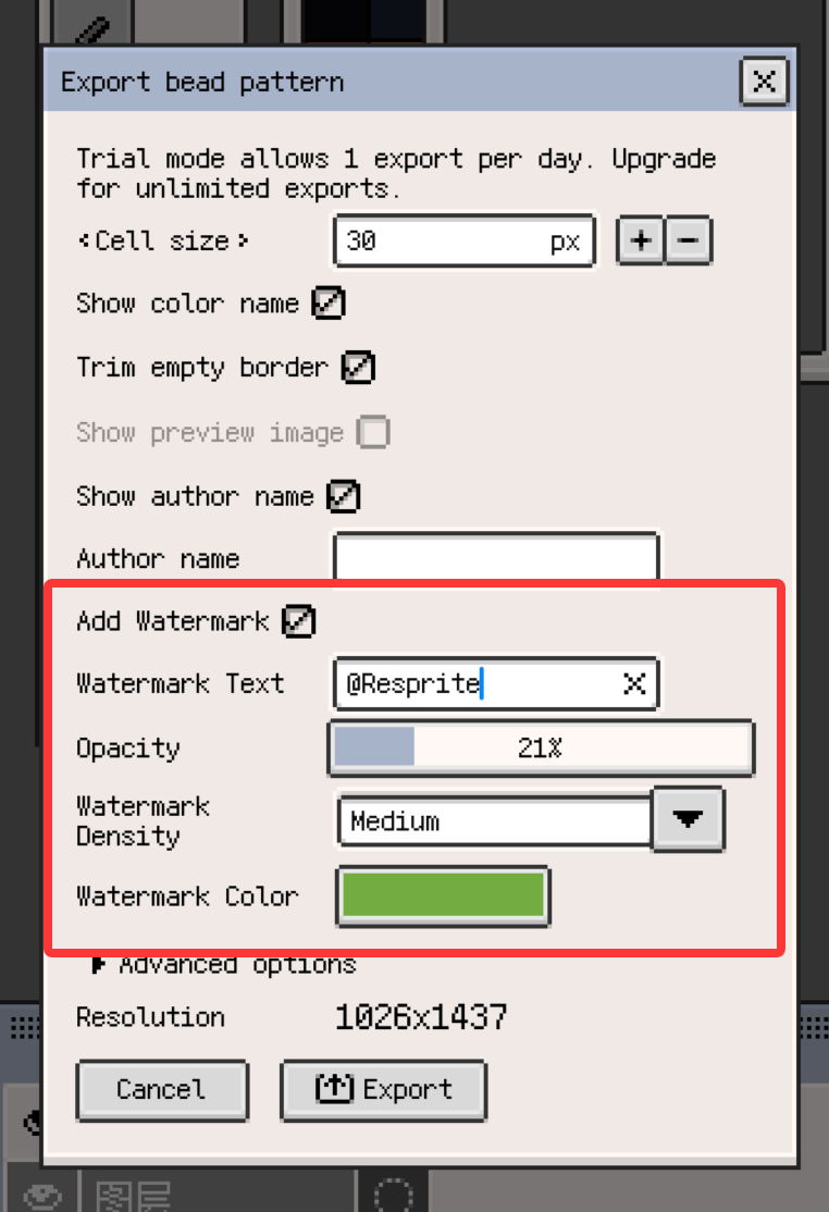Custom watermark settings for Bead Pattern export