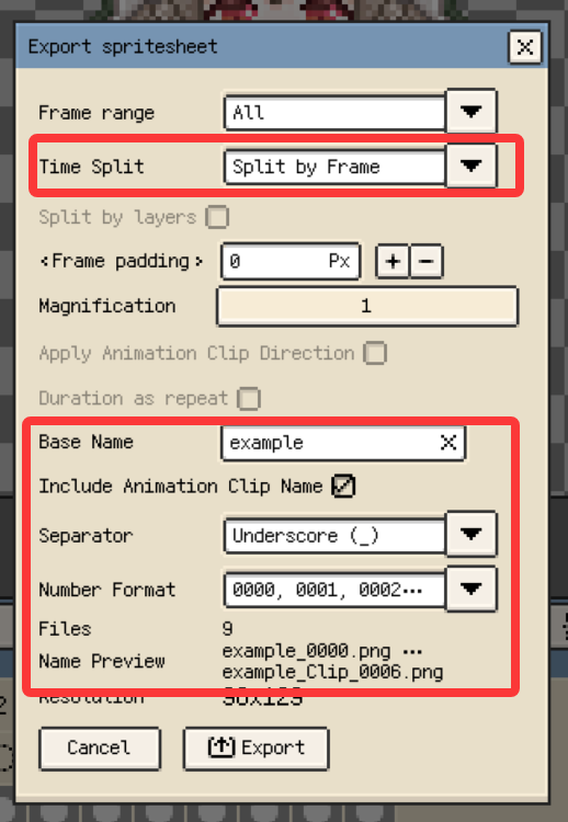Sprite Sheet split and file-naming options