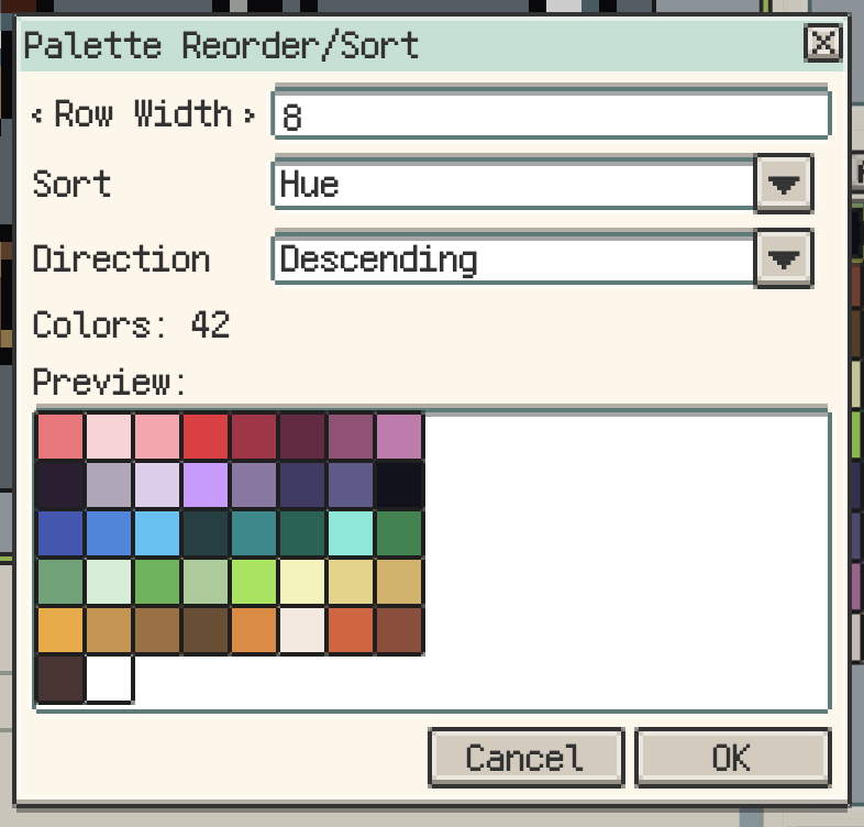 パレット Reorder/Sort のプレビューとソート設定