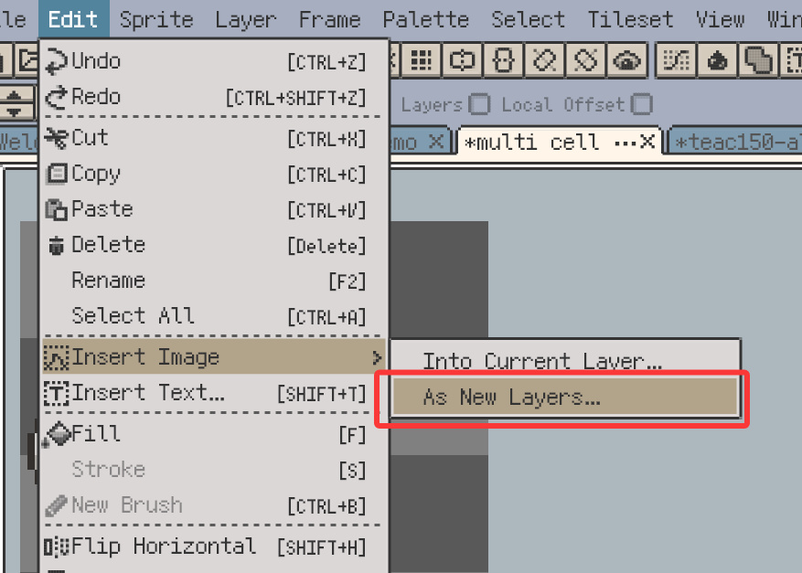 Insert images as new layers from the Edit menu